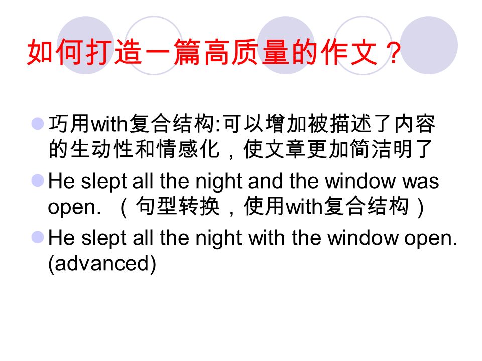 造句方面：运用非谓语，使文句看起来更 简洁，使语言更加丰富多彩，重点更加突 出，增加文采。 比较下列两个句子 I covered my ears and tried to keep the noise out,but failed.