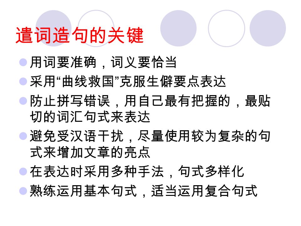 表递进，强调关系： besides, what’s more,furthermore,in addition,moreover,to make matters worse,above all 表特定的顺序关系的词： first,firstly,second,seondly,third,thirdly,first of all,then,next,finally,in the end,at last,eventually 表换一种方式表达的词： in other words,that is to say,to put it another way 表结论的词： in short,in brief,in a word,in conclusion 如何打造一篇高质量的作文？