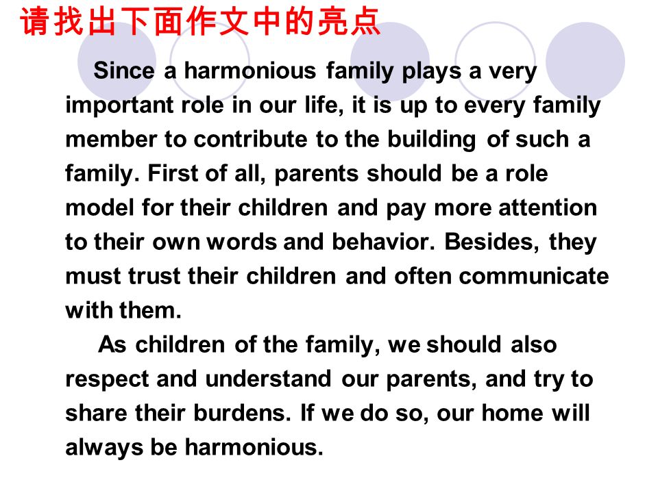 请找出下面作文中的亮点 How can we build up a harmonious family A harmonious family is essential to our personal development and our physical and mental health.