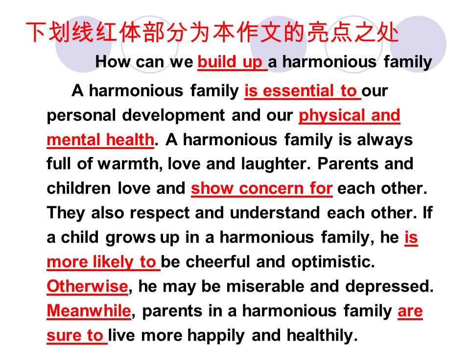 请找出下面作文中的亮点 Since a harmonious family plays a very important role in our life, it is up to every family member to contribute to the building of such a family.