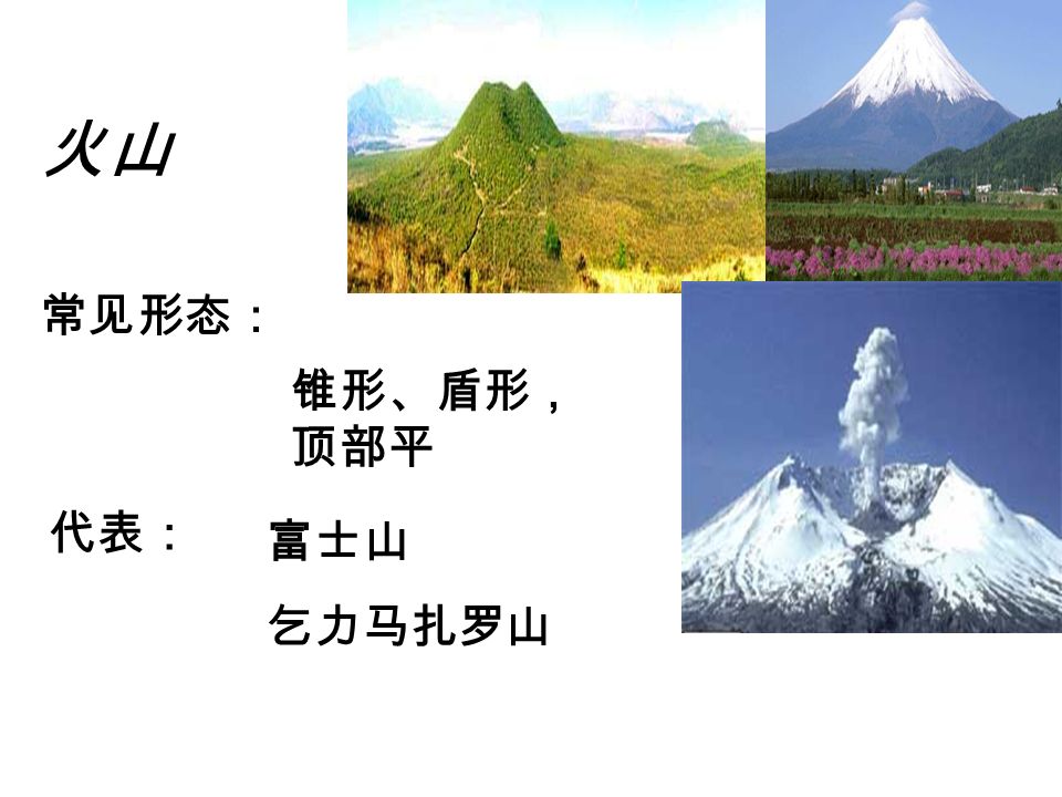 火山 常见形态： 锥形、盾形， 顶部平 代表： 富士山 乞力马扎罗山