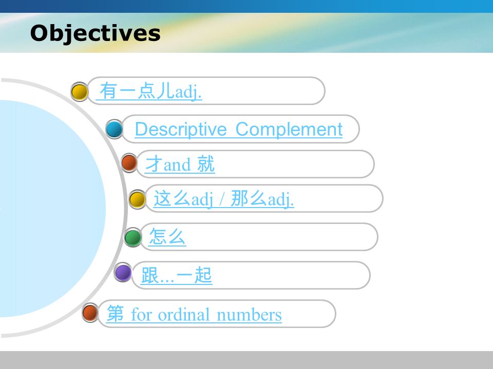 Objectives 有一点儿 adj. Descriptive Complement 才 and 就这么 adj / 那么 adj. 怎么跟... 一起第 for ordinal numbers