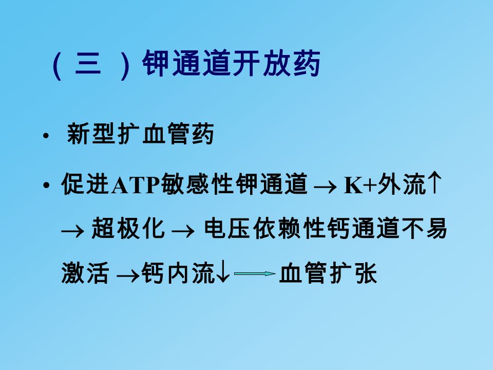 （三 ）钾通道开放药 新型扩血管药 促进 ATP 敏感性钾通道  K+ 外流   超极化  电压依赖性钙通道不易 激活  钙内流  血管扩张
