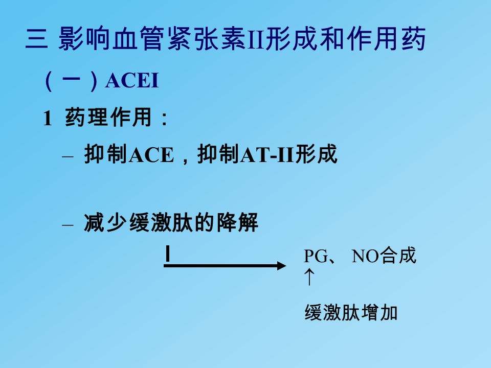 三 影响血管紧张素 II 形成和作用药 （一） ACEI 1 药理作用： – 抑制 ACE ，抑制 AT-II 形成 – 减少缓激肽的降解 PG 、 NO 合成  缓激肽增加