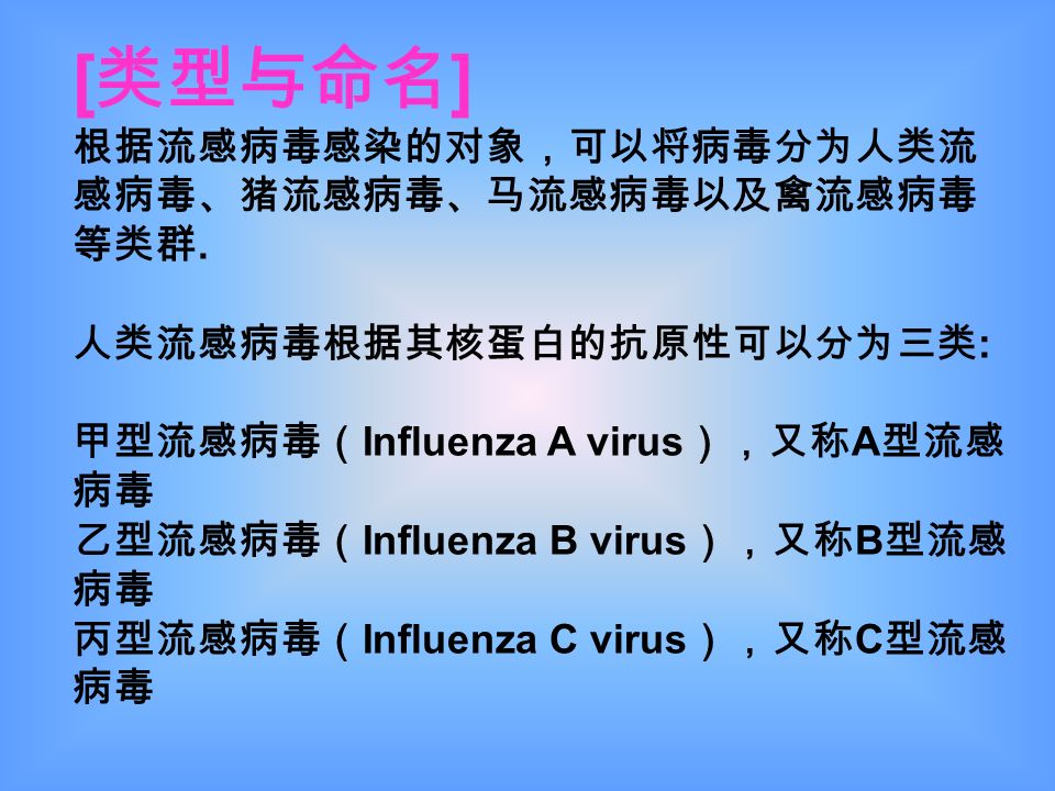 [ 类型与命名 ] 根据流感病毒感染的对象，可以将病毒分为人类流 感病毒、猪流感病毒、马流感病毒以及禽流感病毒 等类群.