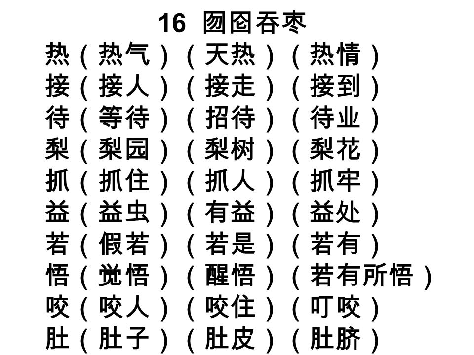 16 囫囵吞枣 热（热气）（天热）（热情） 接（接人）（接走）（接到） 待（等待）（招待）（待业） 梨（梨园）（梨树）（梨花） 抓（抓住）（抓人）（抓牢） 益（益虫）（有益）（益处） 若（假若）（若是）（若有） 悟（觉悟）（醒悟）（若有所悟） 咬（咬人）（咬住）（叮咬） 肚（肚子）（肚皮）（肚脐）