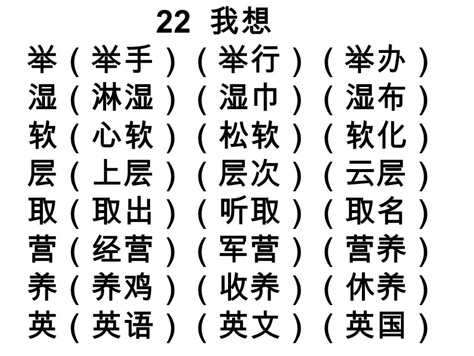 22 我想 举（举手）（举行）（举办） 湿（淋湿）（湿巾）（湿布） 软（心软）（松软）（软化） 层（上层）（层次）（云层） 取（取出）（听取）（取名） 营（经营）（军营）（营养） 养（养鸡）（收养）（休养） 英（英语）（英文）（英国）