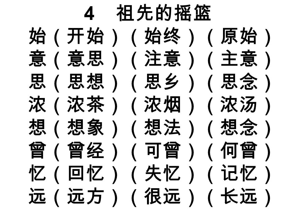 4 祖先的摇篮 始（开始）（始终）（原始） 意（意思）（注意）（主意） 思（思想）（思乡）（思念） 浓（浓茶）（浓烟）（浓汤） 想（想象）（想法）（想念） 曾（曾经）（可曾）（何曾） 忆（回忆）（失忆）（记忆） 远（远方）（很远）（长远）