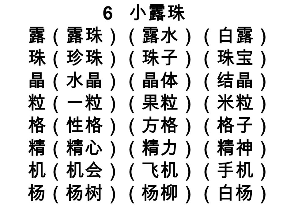 6 小露珠 露（露珠）（露水）（白露） 珠（珍珠）（珠子）（珠宝） 晶（水晶）（晶体）（结晶） 粒（一粒）（果粒）（米粒） 格（性格）（方格）（格子） 精（精心）（精力）（精神） 机（机会）（飞机）（手机） 杨（杨树）（杨柳）（白杨）