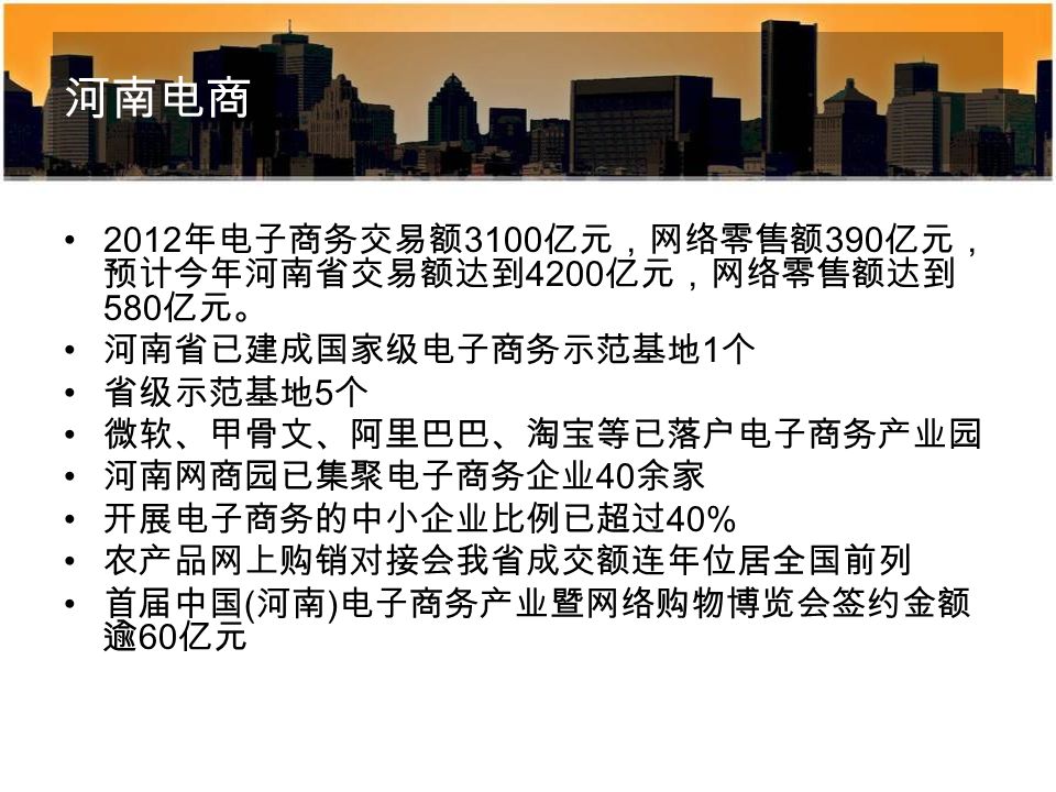 河南电商 2012 年电子商务交易额 3100 亿元，网络零售额 390 亿元， 预计今年河南省交易额达到 4200 亿元，网络零售额达到 580 亿元。 河南省已建成国家级电子商务示范基地 1 个 省级示范基地 5 个 微软、甲骨文、阿里巴巴、淘宝等已落户电子商务产业园 河南网商园已集聚电子商务企业 40 余家 开展电子商务的中小企业比例已超过 40% 农产品网上购销对接会我省成交额连年位居全国前列 首届中国 ( 河南 ) 电子商务产业暨网络购物博览会签约金额 逾 60 亿元