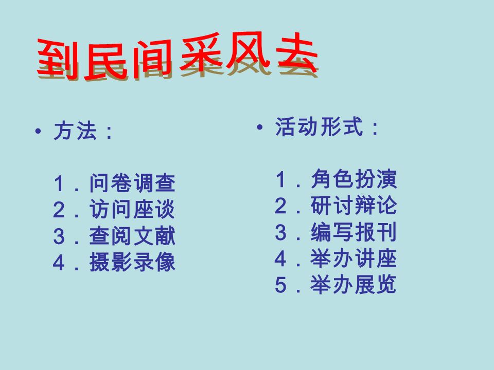 方法： 1 ．问卷调查 2 ．访问座谈 3 ．查阅文献 4 ．摄影录像 活动形式： 1 ．角色扮演 2 ．研讨辩论 3 ．编写报刊 4 ．举办讲座 5 ．举办展览