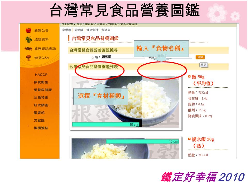 鐵定好幸福 2010 台灣常見食品營養圖鑑 輸入『食物名稱』 選擇『食材種類』