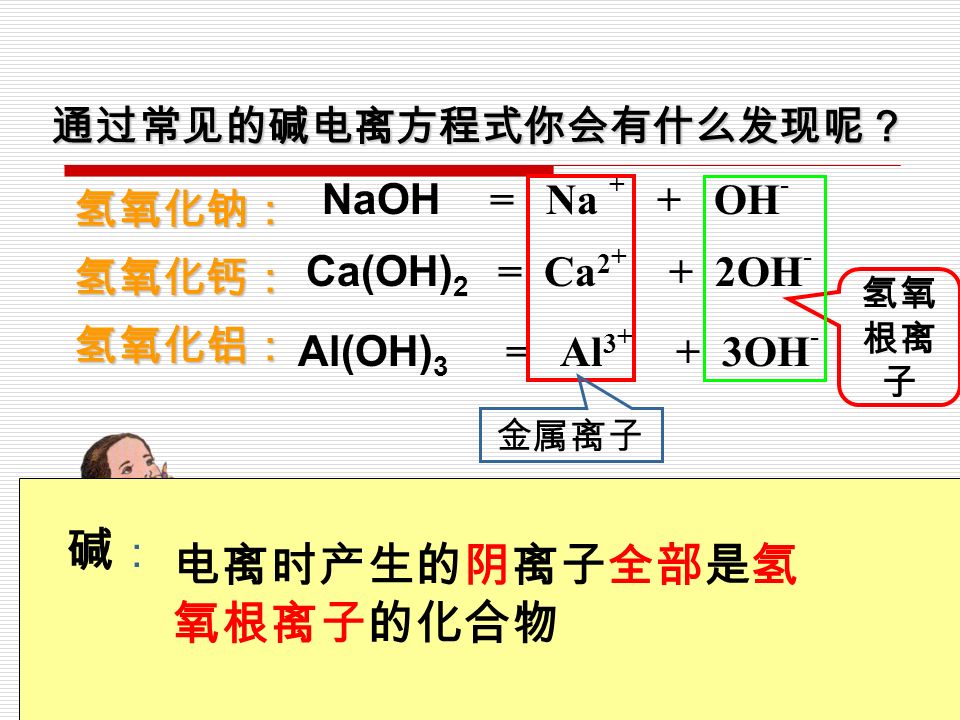H + + CI - 通过常见酸的电离方程式你会有什么发现呢？ H + + NO H + + SO 4 2- 酸根 离子 盐酸： 硝酸： 硫酸： 氢离子 HCI = HNO 3 = H 2 SO 4 =