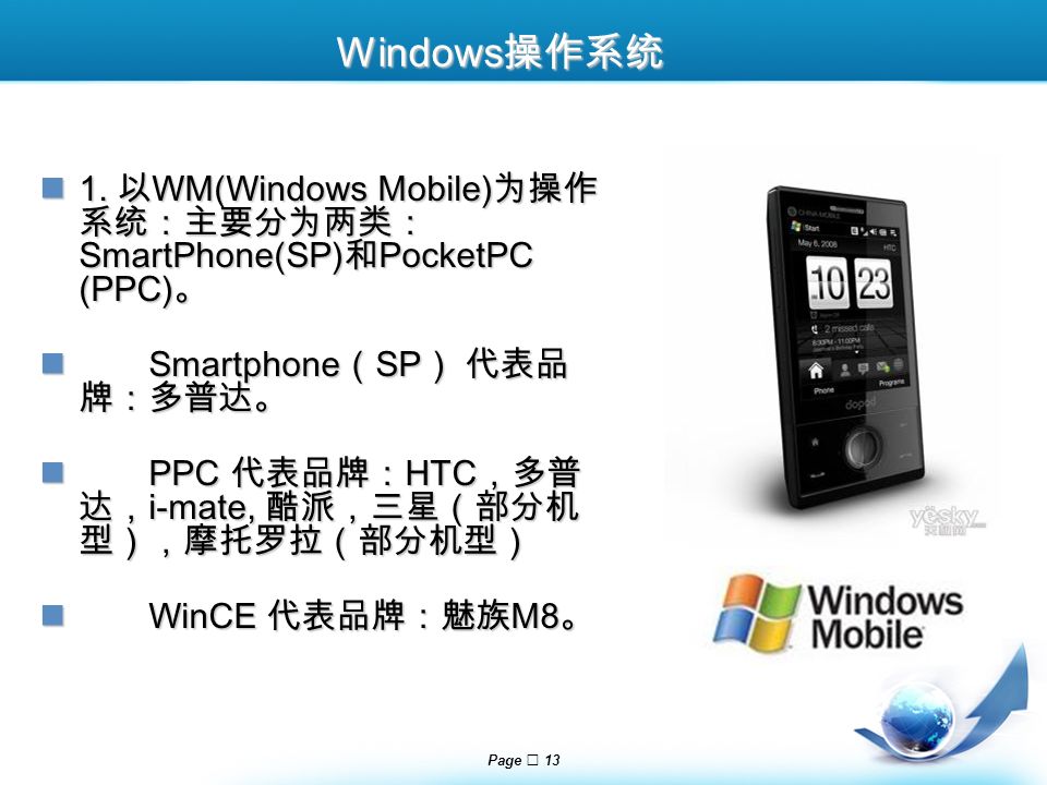 Page  13 Windows 操作系统 1. 以 WM(Windows Mobile) 为操作 系统：主要分为两类： SmartPhone(SP) 和 PocketPC (PPC) 。 1.