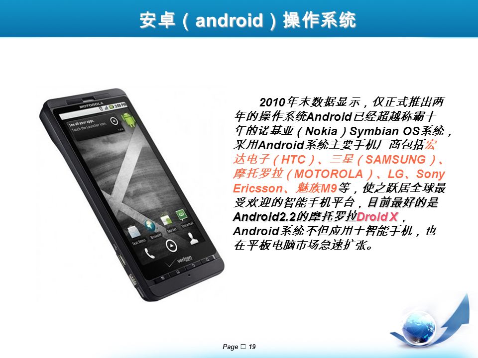 Page  19 目前最好的是 Android2.2 的摩托罗拉 Droid X ， 2010 年末数据显示，仅正式推出两 年的操作系统 Android 已经超越称霸十 年的诺基亚（ Nokia ） Symbian OS 系统， 采用 Android 系统主要手机厂商包括宏 达电子（ HTC ）、三星（ SAMSUNG ）、 摩托罗拉（ MOTOROLA ）、 LG 、 Sony Ericsson 、魅族 M9 等，使之跃居全球最 受欢迎的智能手机平台，目前最好的是 Android2.2 的摩托罗拉 Droid X ， Android 系统不但应用于智能手机，也 在平板电脑市场急速扩张。 安卓（ android ）操作系统