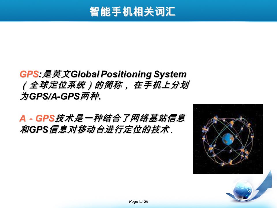Page  26 GPS: 是英文 Global Positioning System （全球定位系统）的简称， 在手机上分划 为 GPS/A-GPS 两种.