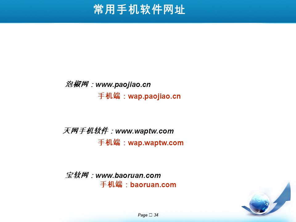 Page  34 常用手机软件网址 天网手机软件：   宝软网：   泡椒网：   手机端： wap.paojiao.cn 手机端： wap.waptw.com 手机端： baoruan.com