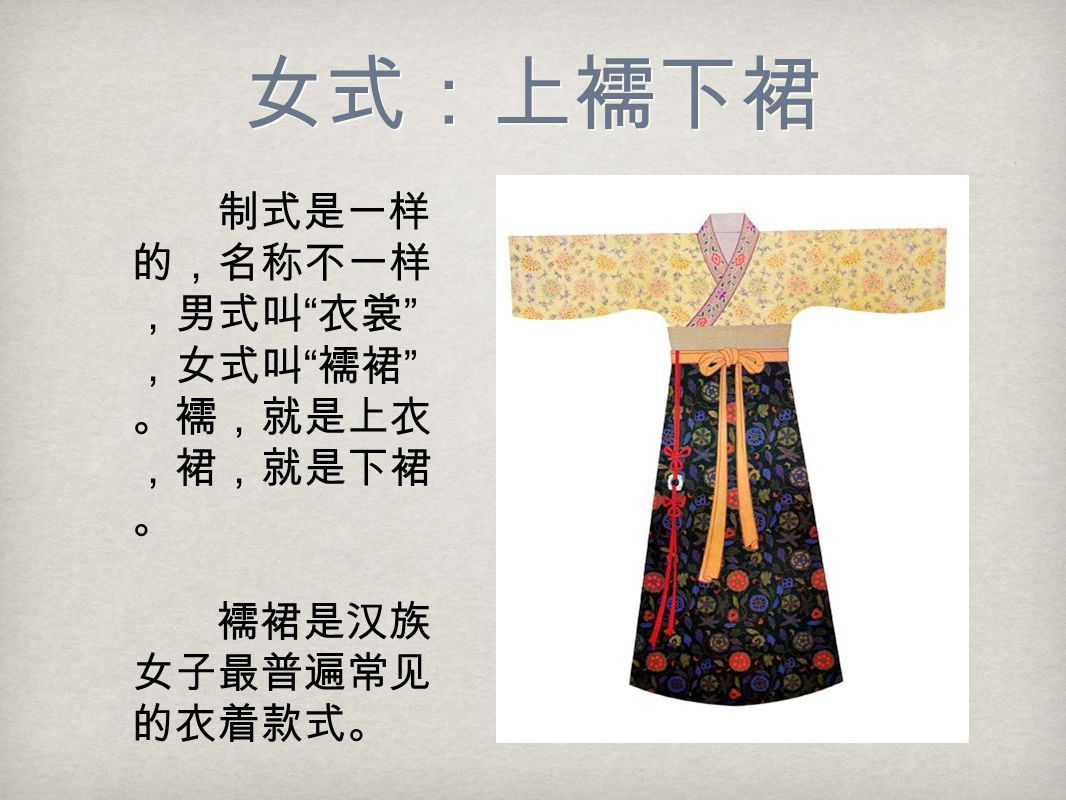 女式：上襦下裙 制式是一样 的，名称不一样 ，男式叫 衣裳 ，女式叫 襦裙 。襦，就是上衣 ，裙，就是下裙 。 襦裙是汉族 女子最普遍常见 的衣着款式。