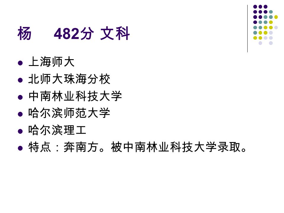 杨 482 分 文科 上海师大 北师大珠海分校 中南林业科技大学 哈尔滨师范大学 哈尔滨理工 特点：奔南方。被中南林业科技大学录取。