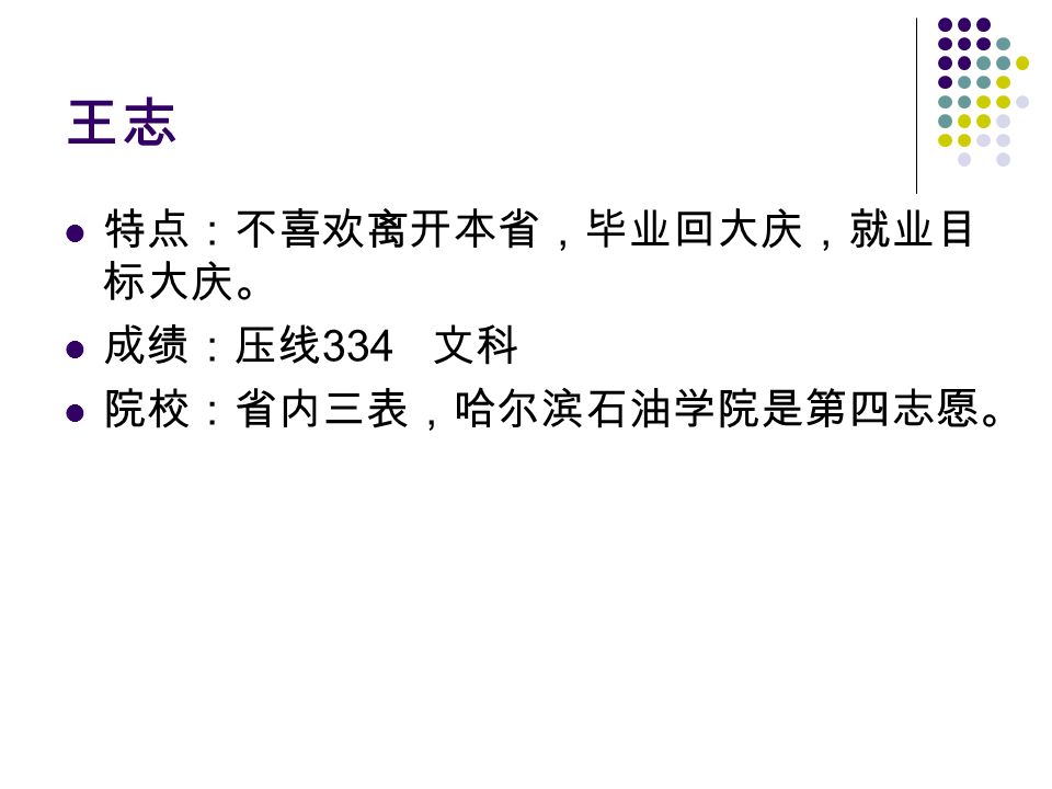 王志 特点：不喜欢离开本省，毕业回大庆，就业目 标大庆。 成绩：压线 334 文科 院校：省内三表，哈尔滨石油学院是第四志愿。