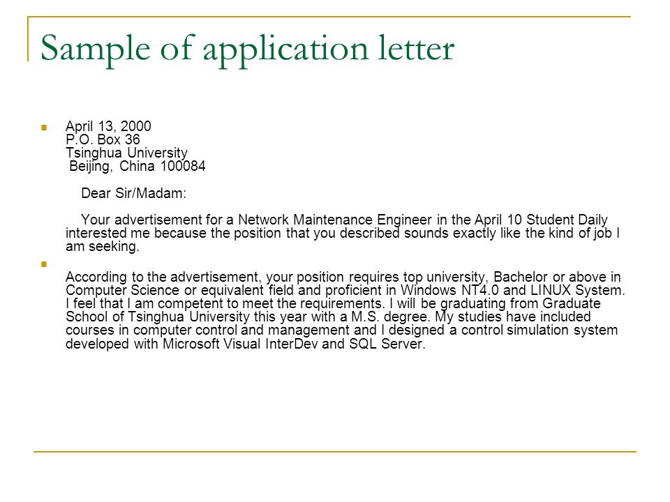 Sample of application letter April 13, 2000 P.O.