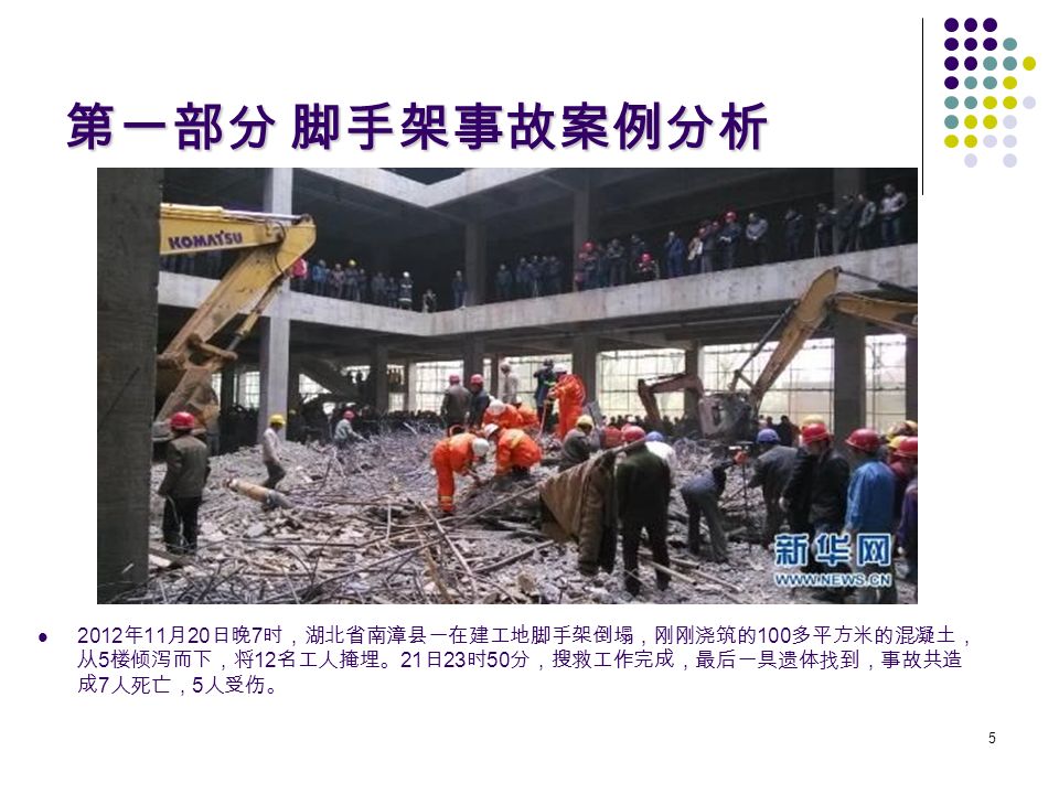5 第一部分 脚手架事故案例分析 2012 年 11 月 20 日晚 7 时，湖北省南漳县一在建工地脚手架倒塌，刚刚浇筑的 100 多平方米的混凝土， 从 5 楼倾泻而下，将 12 名工人掩埋。 21 日 23 时 50 分，搜救工作完成，最后一具遗体找到，事故共造 成 7 人死亡， 5 人受伤。