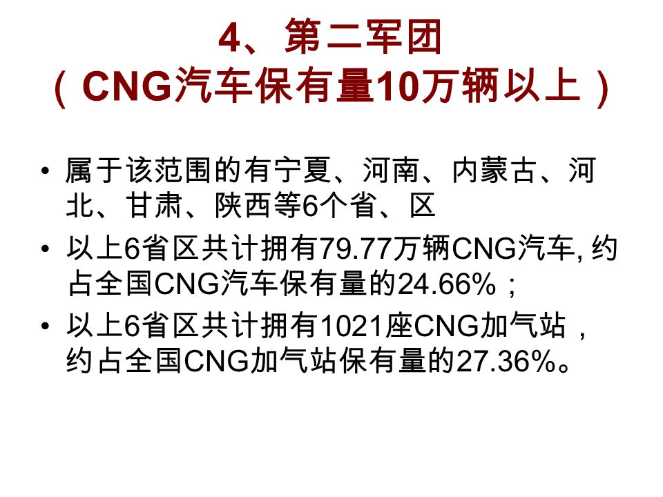 4 、第二军团 （ CNG 汽车保有量 10 万辆以上） 属于该范围的有宁夏、河南、内蒙古、河 北、甘肃、陕西等 6 个省、区 以上 6 省区共计拥有 万辆 CNG 汽车, 约 占全国 CNG 汽车保有量的 24.66% ； 以上 6 省区共计拥有 1021 座 CNG 加气站， 约占全国 CNG 加气站保有量的 27.36% 。