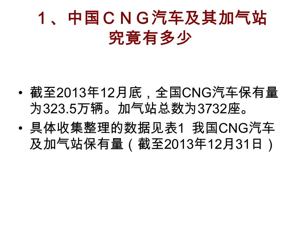 １、中国ＣＮＧ汽车及其加气站 究竟有多少 截至 2013 年 12 月底，全国 CNG 汽车保有量 为 万辆。加气站总数为 3732 座。 具体收集整理的数据见表 1 我国 CNG 汽车 及加气站保有量（截至 2013 年 12 月 31 日）