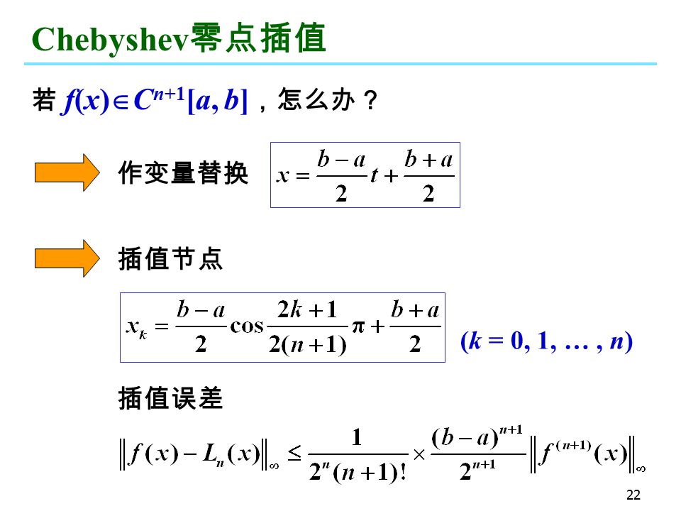 22 Chebyshev 零点插值 若 f(x)  C n+1 [a, b] ，怎么办？ 作变量替换 插值节点 (k = 0, 1, …, n) 插值误差