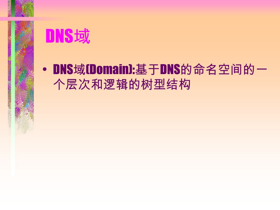 DNS 域 DNS 域 (Domain): 基于 DNS 的命名空间的一 个层次和逻辑的树型结构