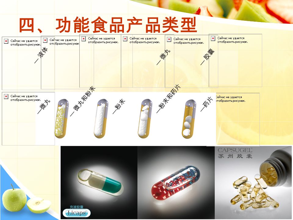 四、功能食品产品类型 — 胶囊 — 微丸 — 粉末 — 粉末和药片 — 药片 — 液体 — 微丸和粉末 — 微丸