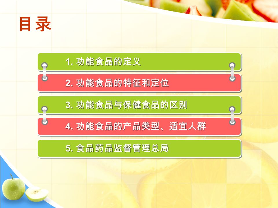 目录 1. 功能食品的定义 2. 功能食品的特征和定位 3. 功能食品与保健食品的区别 4. 功能食品的产品类型、适宜人群 5. 食品药品监督管理总局