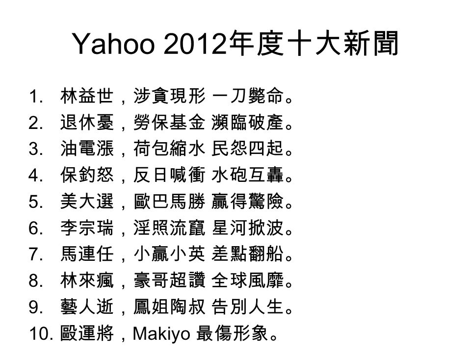 Yahoo 2012 年度十大新聞 1. 林益世，涉貪現形 一刀斃命。 2. 退休憂，勞保基金 瀕臨破產。 3.