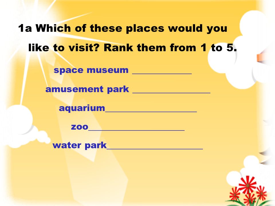 1a Which of these places would you like to visit. Rank them from 1 to 5.