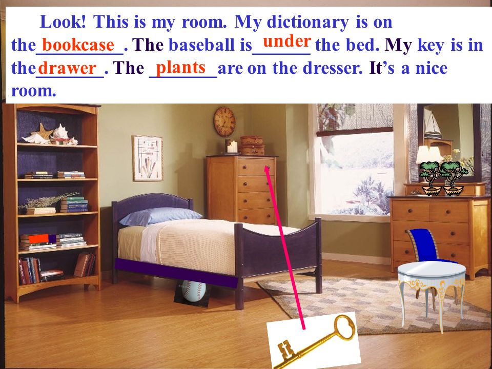 Look. This is my room. My dictionary is on the_________.