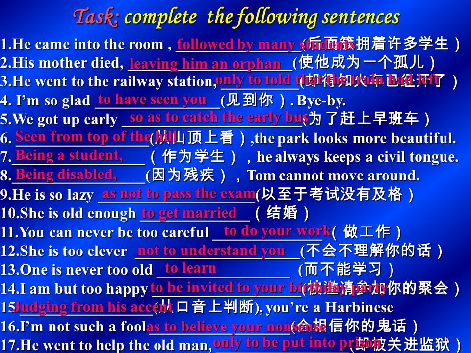 分词作状语 分词作状语可以表示时间，条件，原因，结果，伴随或方式 ， 分词作状语可以表示时间，条件，原因，结果，伴随或方式 ，及独立成分。 分词作状语的首要条件是分词的逻辑主语是句子的主语，分词 分词作状语的首要条件是分词的逻辑主语是句子的主语，分词与逻辑主语的关系是主动的，用现在分词，反之，用过去分词 1, Hearing the news,he couldn’t help laughing.