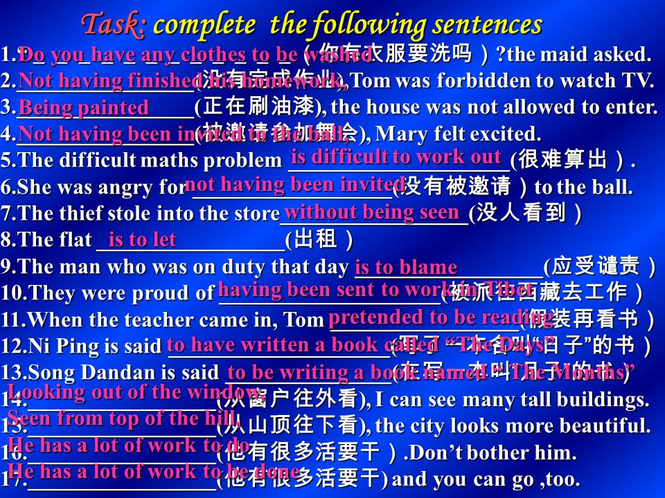 分词时态、语态的用法 如果强调分词表示的动作 发生在谓语动词之前，要用完成形式。 如果强调分词表示的动作 发生在谓语动词之前，要用完成形式。 Not having finished his homework,Tom was made to stay at school.