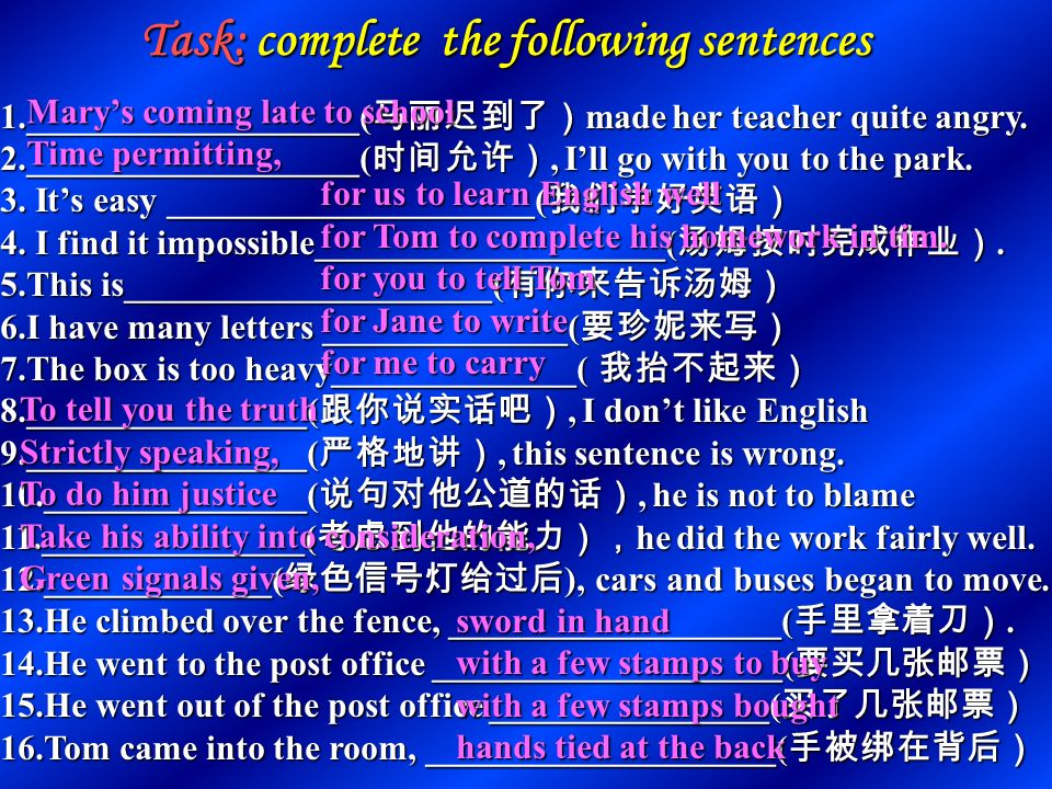 分词和不定式的独立成分 分词或分词短语作独立成份（作状语或插入语） 分词或分词短语作独立成份（作状语或插入语） strictly speaking,generally speaking,frankly speaking,judging by From ， broadly speaking talking of, considering, supposing Taking …into consideration, Strictly speaking ， this sentence is wrong.