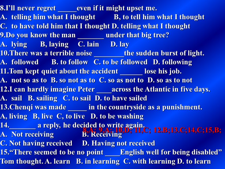 达标测试 50 题 1.Because of my poor English, I’m afraid I can’t make myself ______.