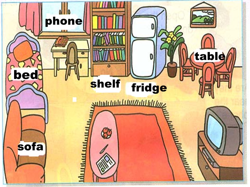 bed phone shelf fridge table sofa