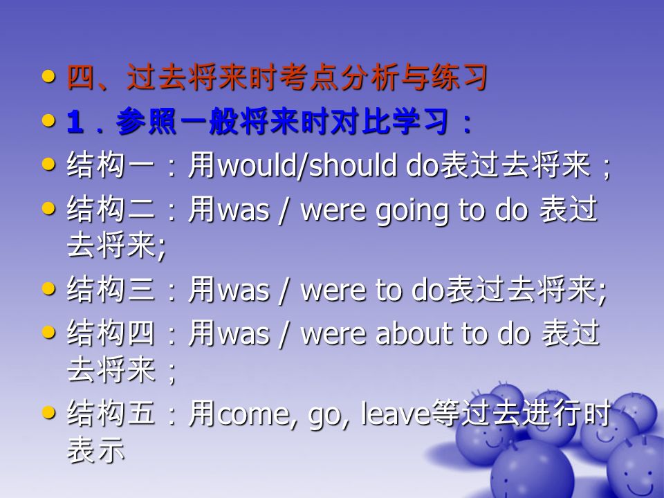 四、过去将来时考点分析与练习 四、过去将来时考点分析与练习 1 ．参照一般将来时对比学习： 1 ．参照一般将来时对比学习： 结构一：用 would/should do 表过去将来； 结构一：用 would/should do 表过去将来； 结构二：用 was / were going to do 表过 去将来 ; 结构二：用 was / were going to do 表过 去将来 ; 结构三：用 was / were to do 表过去将来 ; 结构三：用 was / were to do 表过去将来 ; 结构四：用 was / were about to do 表过 去将来； 结构四：用 was / were about to do 表过 去将来； 结构五：用 come, go, leave 等过去进行时 表示 结构五：用 come, go, leave 等过去进行时 表示