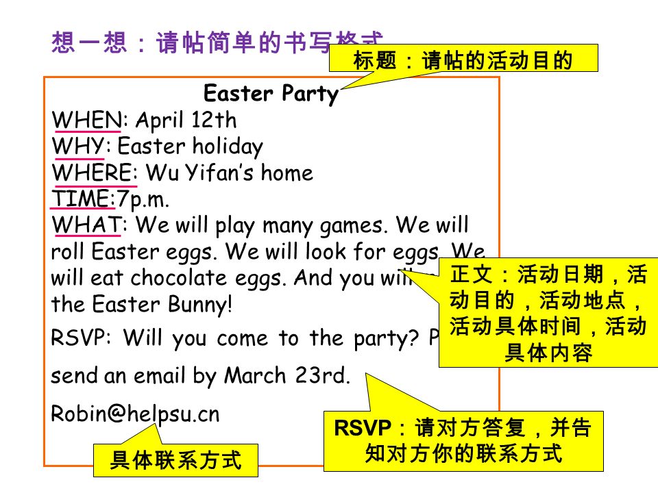 Easter Party WHEN: April 12th WHY: Easter holiday WHERE: Wu Yifan’s home TIME:7p.m.
