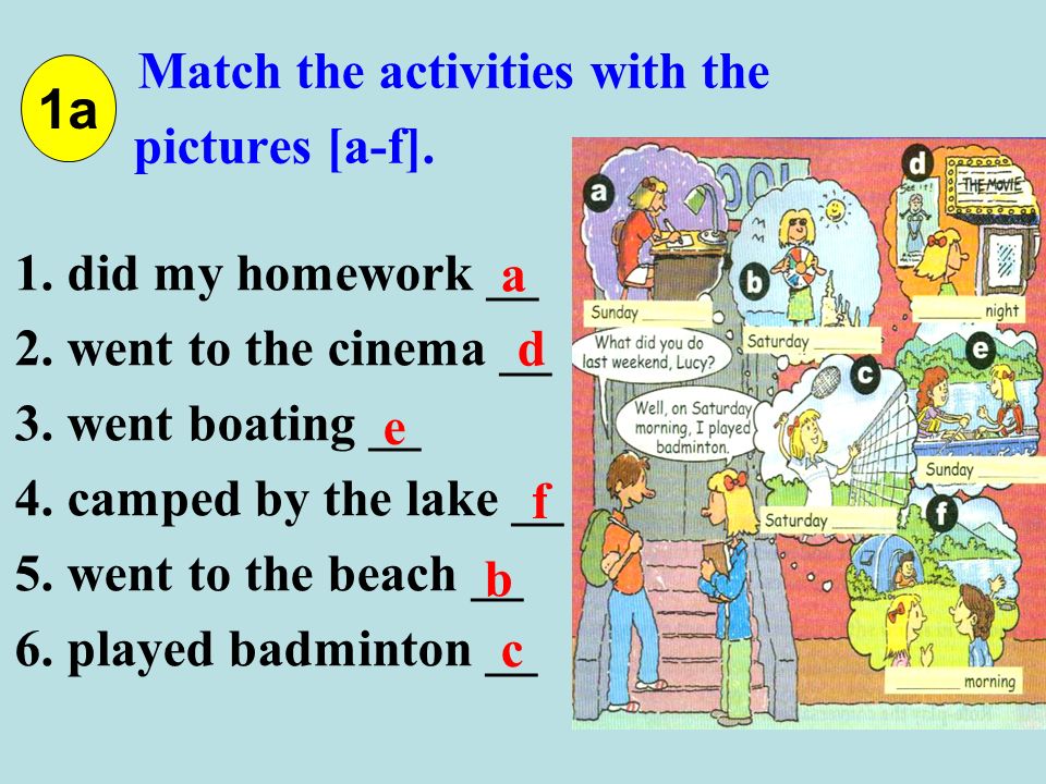 Match the activities with the pictures [a-f]. 1. did my homework __ 2.