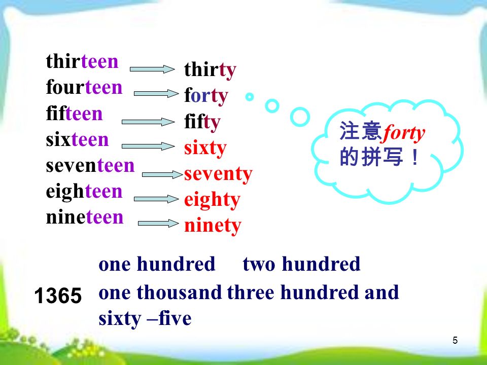 5 thirteen fourteen fifteen sixteen seventeen eighteen nineteen thirty forty fifty sixty seventy eighty ninety one hundred two hundred 注意 forty 的拼写！ one thousand three hundred and sixty –five 1365