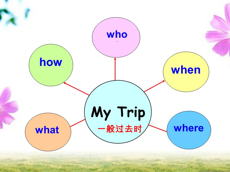 ？ ？ ？ ？ ？ My Trip where when who how what 一般过去时