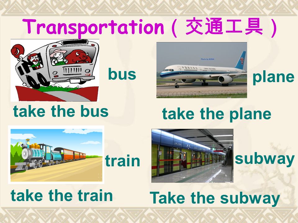 Transportation （交通工具） bus plane train subway take the bus take the plane take the train Take the subway
