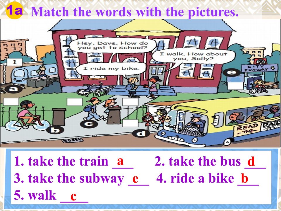 Match the words with the pictures. 1a 1. take the train ___ 2.