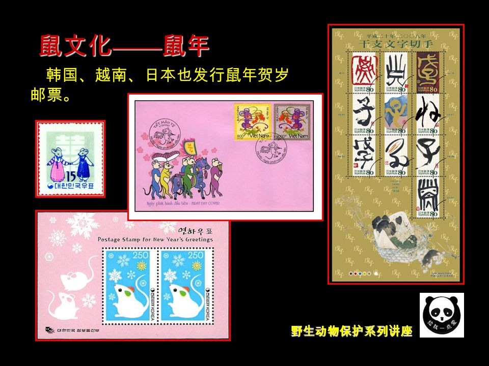 野生动物保护系列讲座 韩国、越南、日本也发行鼠年贺岁 邮票。 鼠文化 —— 鼠年