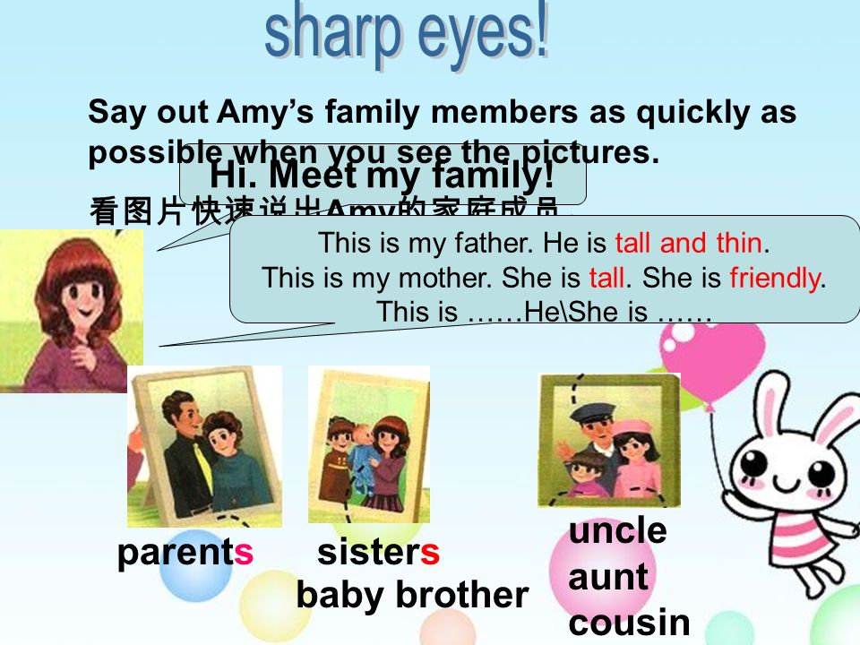 Hi. Meet my family. Say out Amy’s family members as quickly as possible when you see the pictures.