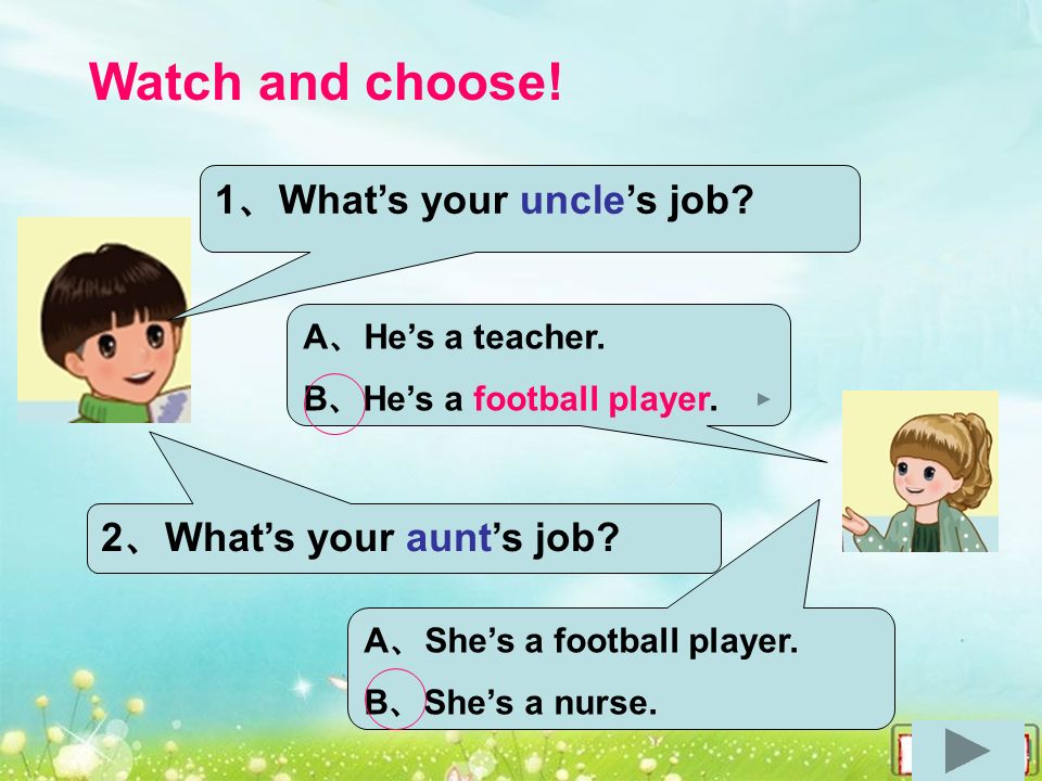 Watch and choose. A 、 He’s a teacher. B 、 He’s a football player.